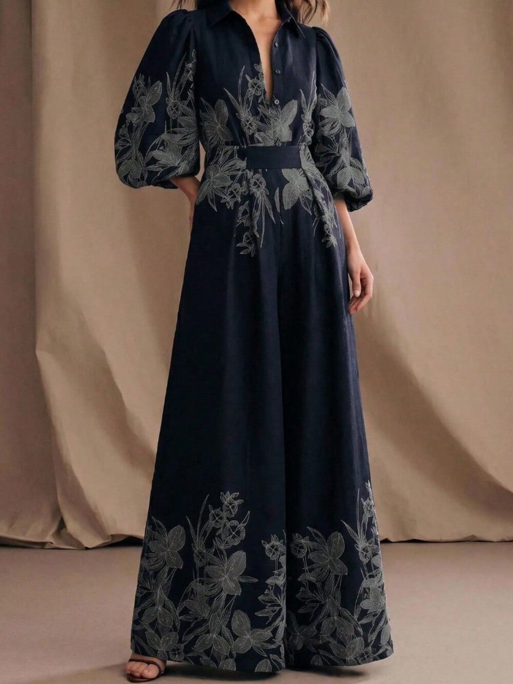 Royal Blue Casual Women's Embroidered Puff Sleeve Blouse & Wide Leg Pants Set